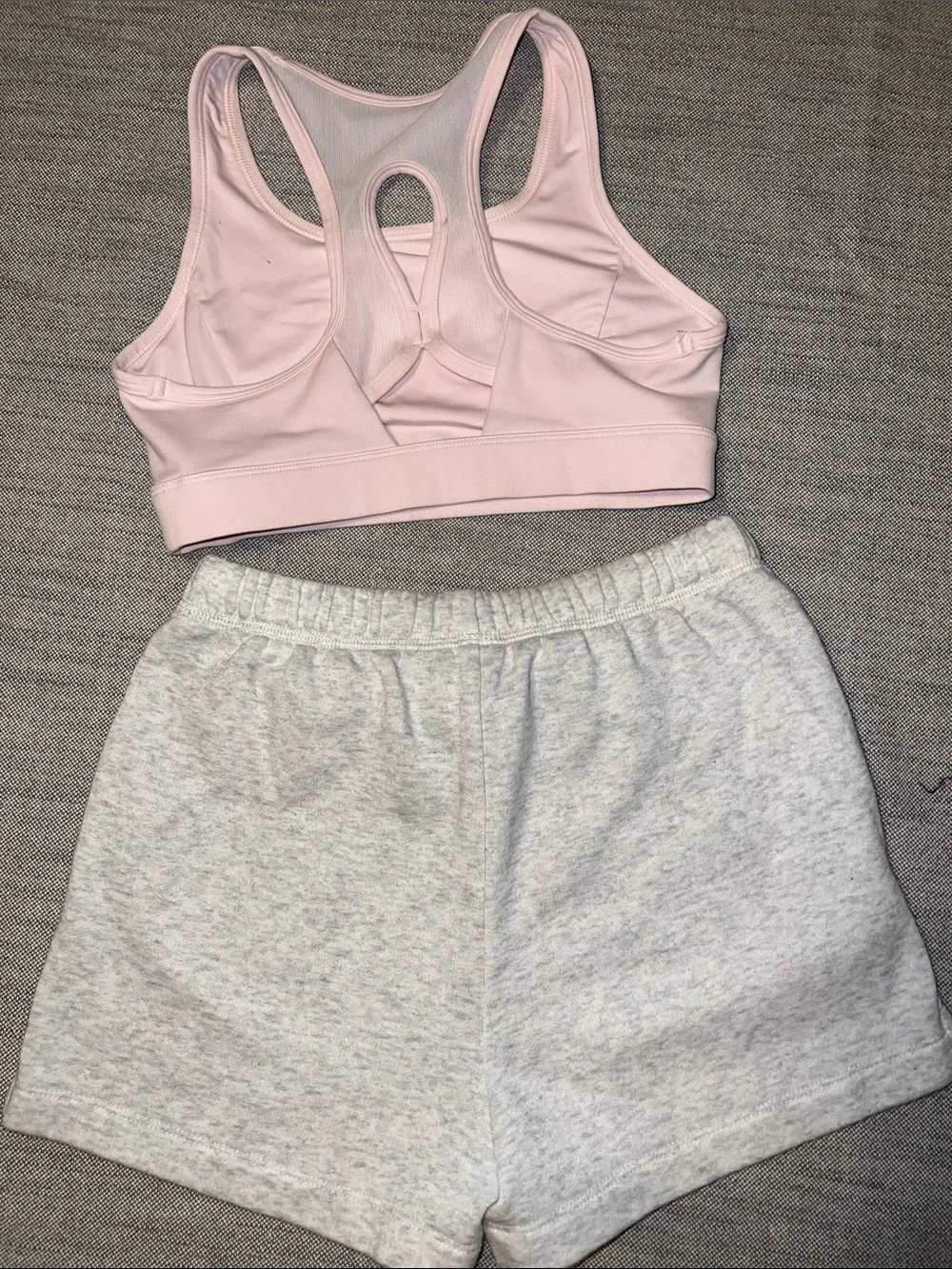 Justice Light Pink Sports Bra with Gray Shorts and Rainbow Logo